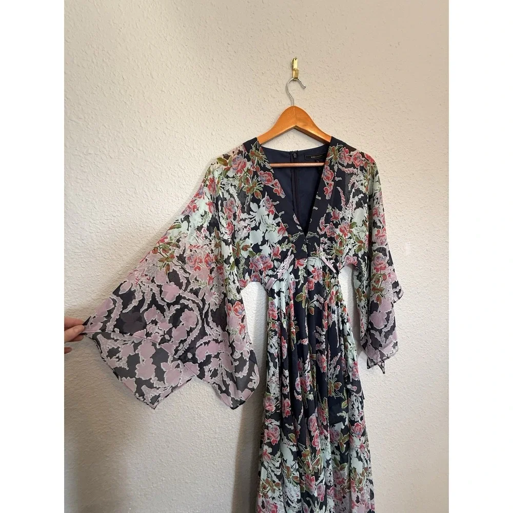 BCBGMAXAZRIA Navy Floral Silk Maxi Dress XXS Spring Wedding Guest Graduation
